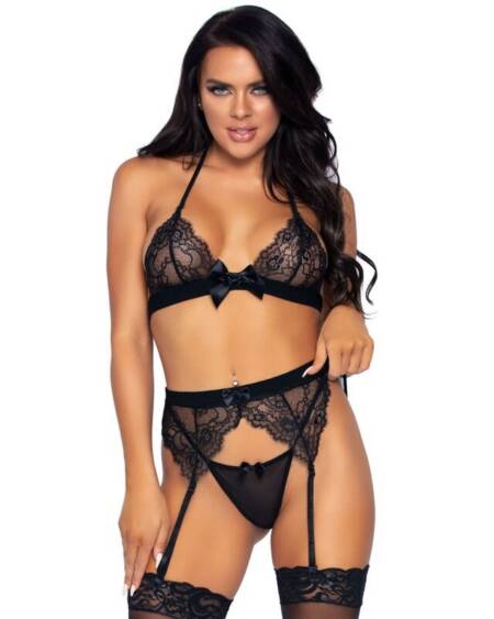 LEG AVENUE - DREITEILIGES SET, TOP, STRUMPFGÜRTEL UND G-STRING L