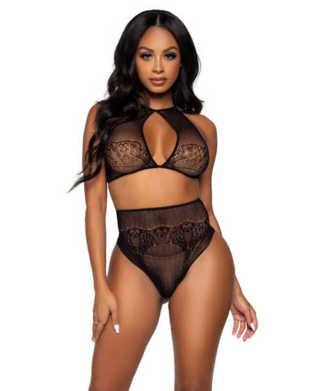 LEG AVENUE - ZWEITEILIGES SET, NECKHOLDER-CROP-TOP UND TANGA-HöSCHEN, EINHEITSGRößE