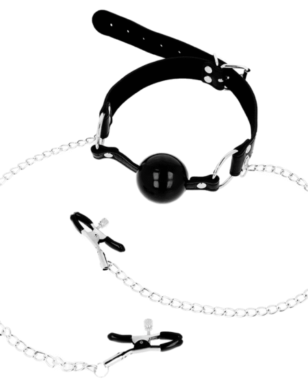 OHMAMA FETISH - MORDAZA BOLA NEGRA CON PINZAS PEZONES
