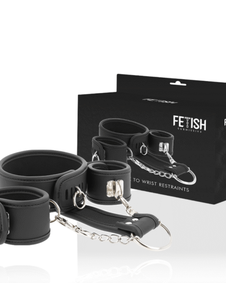 FETISH SUBMISSIVE - HALSKETTE UND HANDSCHELLEN AUS VEGANEM LEDER MIT NOPRENE-FUTTER