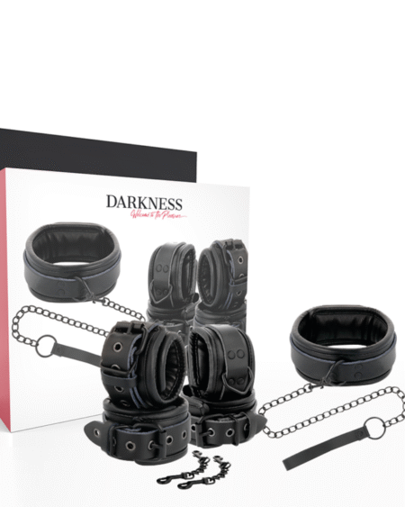 DARKNESS - HANDSCHELLEN UND KRAGEN AUS SCHWARZEM LEDER