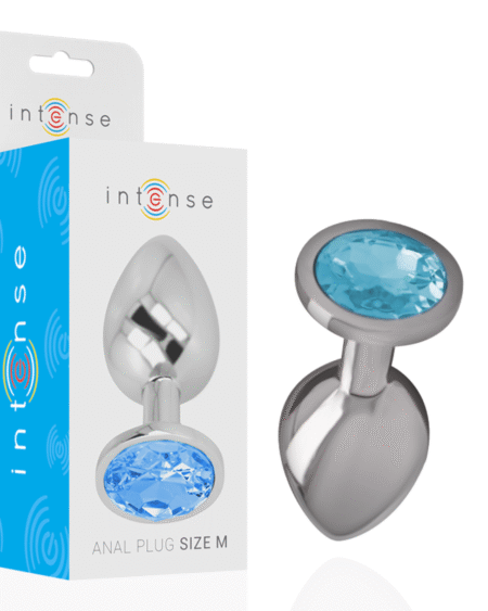INTENSE - ANALPLUG AUS ALUMINIUMMETALL MIT BLAUEM GLAS, GRÖSSE M