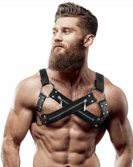 FETISH SUBMISSIVE ATTITUDE - VERSTELLBARER NEOPREN-BRUSTGURT MIT CROSS-OVER-BULLDOG-REISSVERSCHLUSS FÜR MNNER