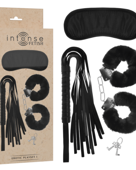 INTENSE - FETISH EROTIKSPIELSET 1 MIT HANDSCHELLEN, BLINDMASKE UND PEITSCHE