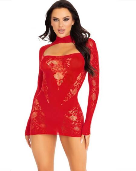 LEG AVENUE - MINIKLEID MIT SPITZE LANGARM ROT