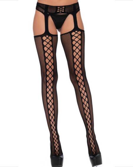 LEG AVENUE - STRÜMPFE MIT NETZ UND GARTER SCHWARZ