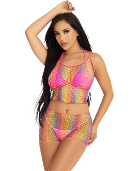 LEG AVENUE - SET TOP & HOSE NETZ MEHRFARBIG