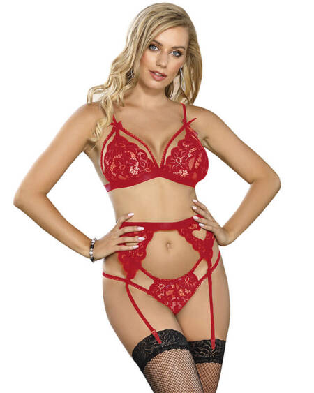 SUBBLIME - 3-TEILIGES SET BH + STRING + SPITZEN-STRUMPFBAND ROT L/XL