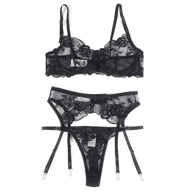 SUBBLIME - 3-TEILIGES SET BH + STRING + STRUMPFBAND BLUMENPRINT SCHWARZ S/M – Bild 5
