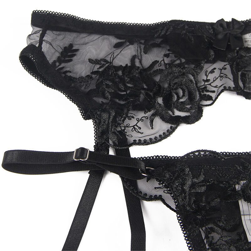 SUBBLIME - 3-TEILIGES SET BH + STRING + STRUMPFBAND BLUMENPRINT SCHWARZ S/M – Bild 9
