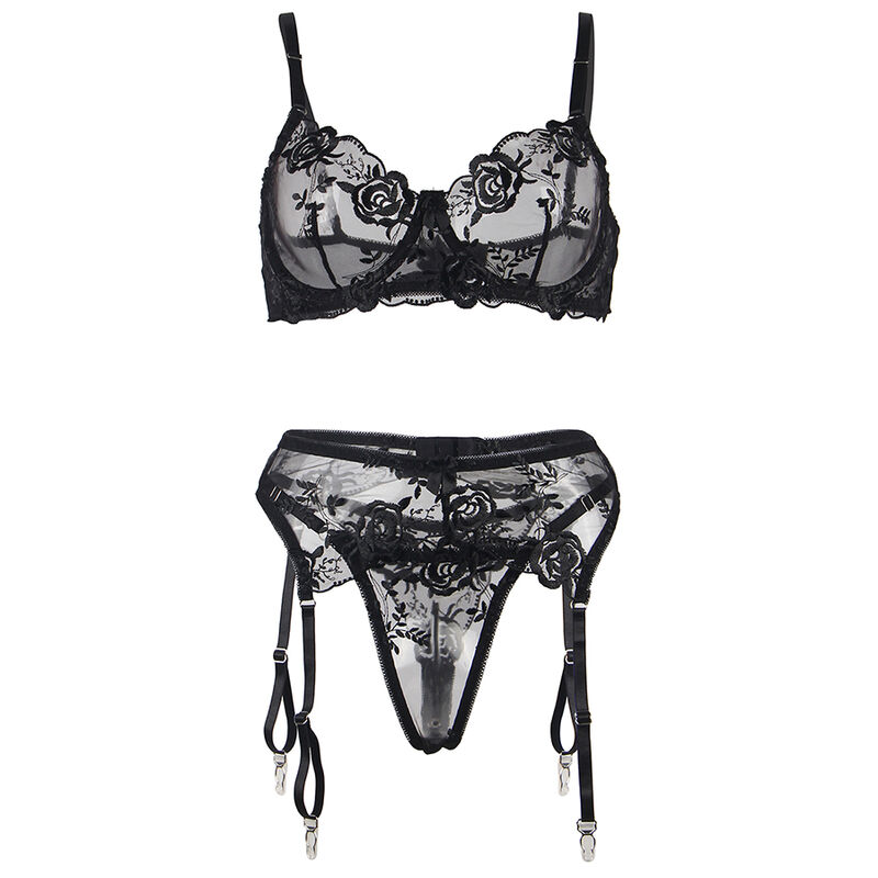 SUBBLIME - 3-TEILIGES SET BH + STRING + STRUMPFBAND BLUMENPRINT SCHWARZ S/M – Bild 6