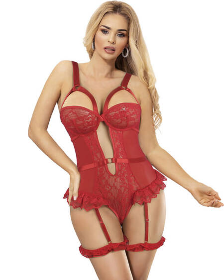 SUBBLIME - TEDDY MIT STRUMPFBAND MIT SPITZENDETAIL UND STREIFEN ROT S/M