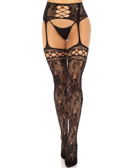 LEG AVENUE - STRUMPFSTRÜMPFE AUS BLUMENSPITZE, SCHWARZ