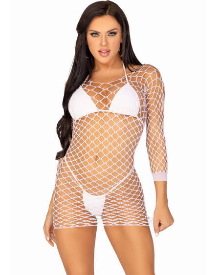 LEG AVENUE - LANGÄRMELIGES NETZKLEID WEISS EINE GRÖSSE