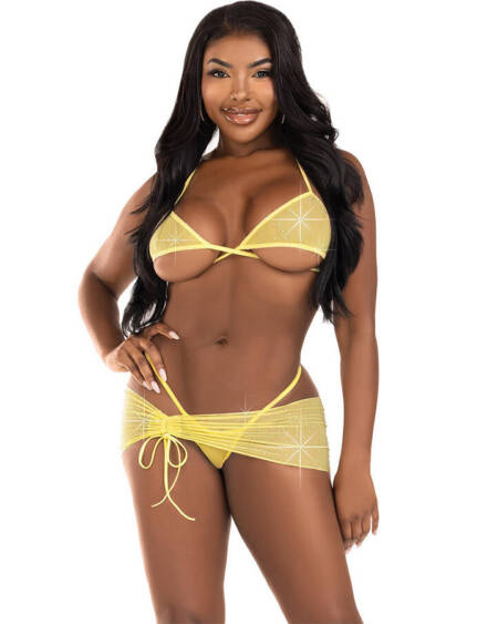 LEG AVENUE - DREITEILIGES DIAMANTEN-SET GELB M/L