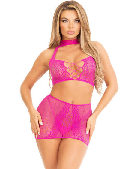 LEG AVENUE - OFFENES SPITZENTOP UND -ROCK IN FUCHSIA