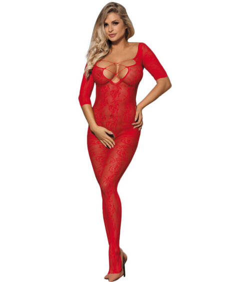 SUBBLIME - 951825 NETZ-BODYSTOCKING OHNE SCHRITT MIT ROTEM ROSENMUSTER, XS/M