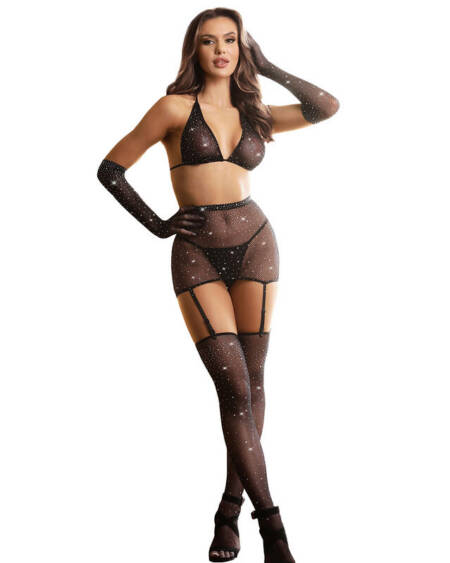 SUBBLIME - 952174 NETZ-BODYSTOCKING MIT HANDSCHUHEN UND DIAMANTEN SCHWARZ EINE GRÖSSE