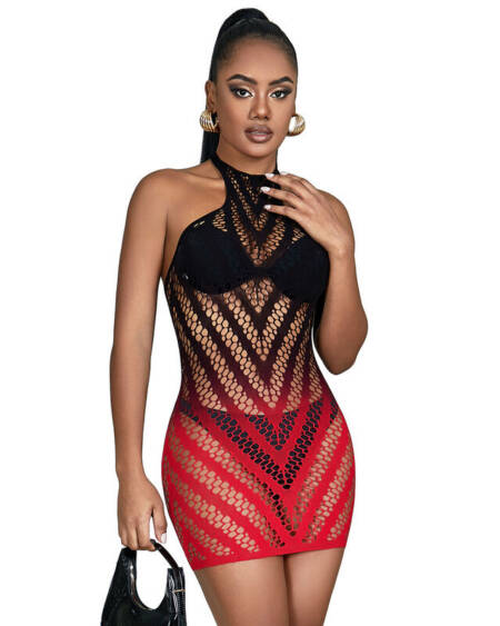 SUBBLIME - 952242 ROTER UND SCHWARZER KLEID AUS ELASTISCHEM NETZ MIT ABGESCHNITTENEM DEGRAD EINE GRÖSSE