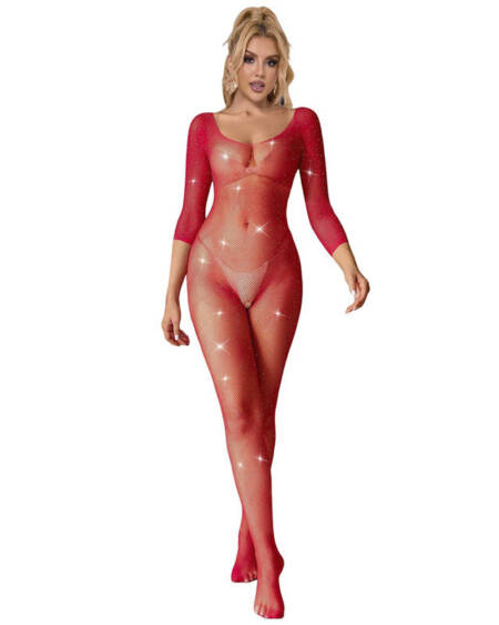 SUBBLIME - 952419 NETZ-BODYSTOCKING MIT DIAMANTEN, LANGE ÄRMEL, ROT, XS/M