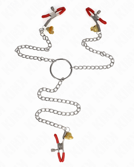 KINK - BELL 3-FACH NIPPEL- UND KLITORISKLEMMEN ROT MIT KETTE 30 CM