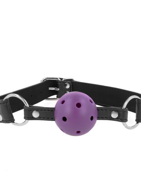 KINK - ATMUNGSAKTIVER BALL 4 CM KNEBEL MIT DOPPELNIET LILA 62,5 x 2,5 CM VERSTELLBAR 42-58 CM