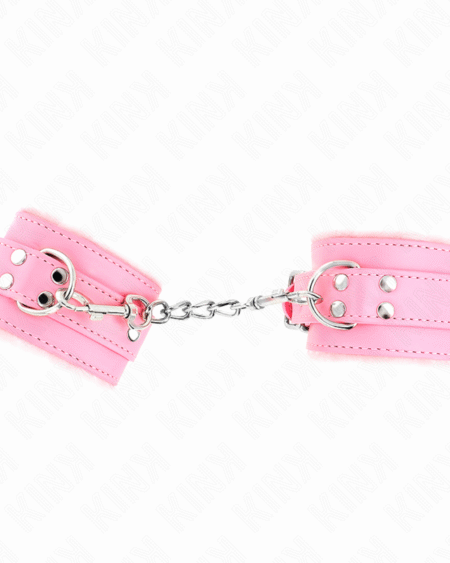 KINK - PELZGEFÜTTERTE HANDGELENKFESSELN ROSA MIT ROSA GÜRTEL VERSTELLBAR 17-29 CM X 6 CM