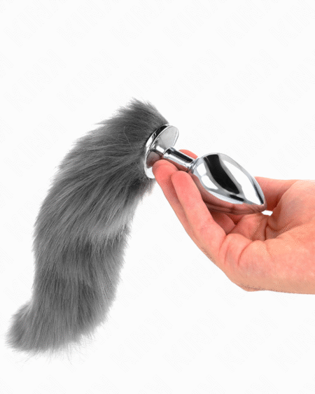 KINK - ANAL PLUG GRÖSSE L 10 X 4 CM MIT KUNSTSTOFFSCHWANZ 40 CM GRAU UND WEISS