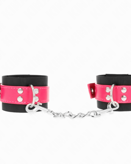 KINK - NYLON HANDGELENKFESSELN SCHWARZ MIT KUNSTLEDERGÜRTEL HIMBEERROSA VERSTELLBAR 19-29 CM X 5,1 CM