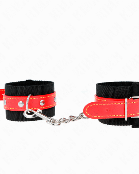 KINK - NYLON HANDGELENKFESSELN SCHWARZ MIT KUNSTLEDER ROT VERSTELLBAR 19-24 CM X 5,5 CM