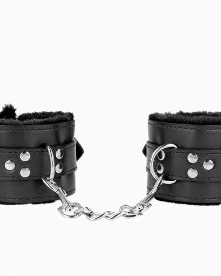 KINK - PELZGEFÜTTERTE HANDGELENKFESSELN MIT QUADRATISCHEN LÖCHERN, SCHWARZ UND SCHWARZ, VERSTELLBARER GÜRTEL 17-29 CM X 6 CM