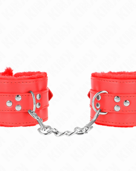KINK - PELZGEFÜTTERTE HANDGELENKFESSELN MIT QUADRATISCHEN LÖCHERN, ROT UND ROTER GÜRTEL, VERSTELLBAR 17-29 CM X 6 CM