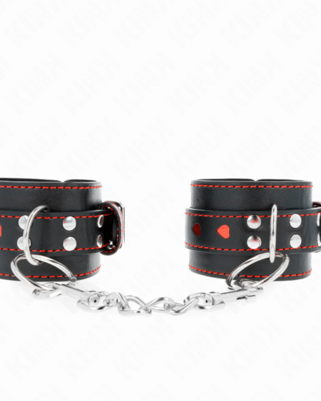 KINK - SCHWARZE HANDGELENKFESSELN MIT ROTER HERZEINLAGE, VERSTELLBAR 21-28 CM X 5,5 CM