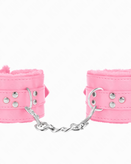 KINK - PELZGEFÜTTERTE HANDGELENKFESSELN MIT QUADRATISCHEN LÖCHERN, ROSA UND ROSA GÜRTEL, VERSTELLBAR 17-29 CM X 6 CM