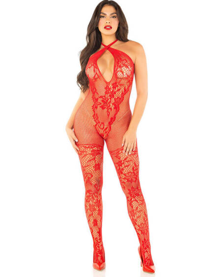 LEG AVENUE - NETZ-BODYSTOCKING MIT BLUMENDRUCK, ROT, EINE GRÖSSE