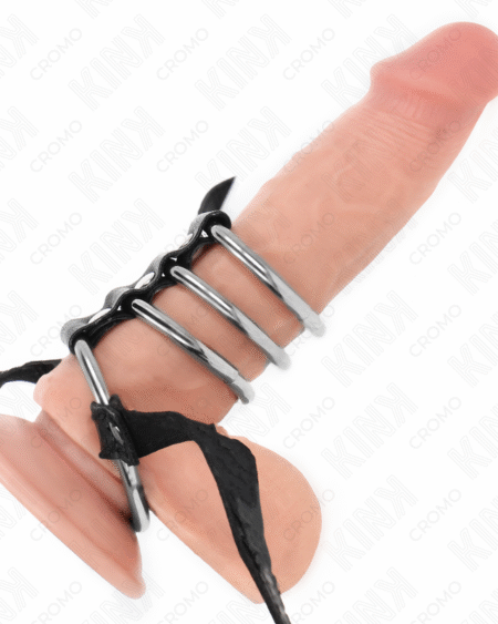KINK - 4 VERBUNDENE PENISRINGE AUS METALL 3,8 CM BIS 5 CM MIT LEDERGURTE 112 CM