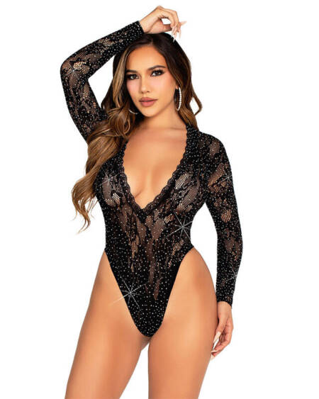 LEG AVENUE - BODY AUS SPITZE UND LANGEN ÄRMELN MIT DIAMANTEN, SCHWARZ, EINHEITSGRÖSSE