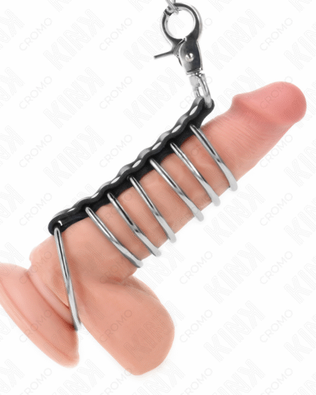 KINK - 7 PENISRINGE AUS METALL 3,8 CM BIS 5 CM VERBUNDEN MIT LEDER UND METALLKETTE 100 CM