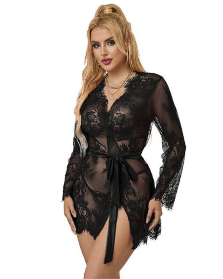 SUBBLIME - 953768 SPITZEN-NACHTHEMD + STRING SCHWARZ L/XL