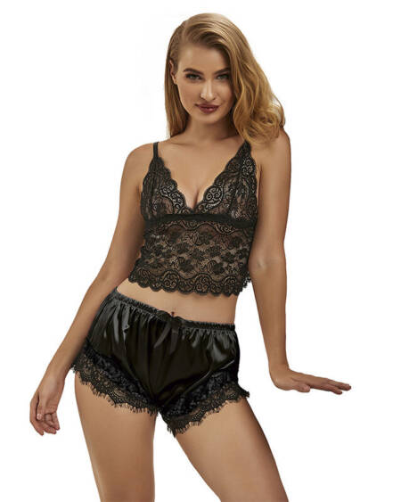 SUBBLIME - 953942 LÄSSIGE SEIDENNACHTHEMD + SPITZENHOSE SCHWARZ L/XL