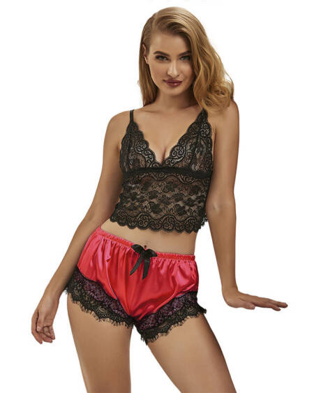SUBBLIME - 953966 LÄSSIGE SEIDE NACHTHEMD + SPITZENHOSE SCHWARZ/ROT L/XL