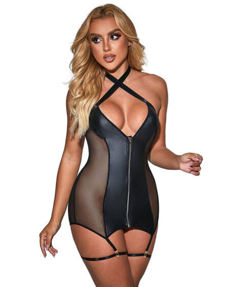 SUBBLIME - 954444 SEXY MESH KLEID LEDER SCHWARZ S/M