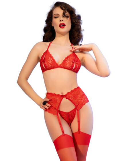 CHILIROSE - CR 4848 ROTER SPITZEN-BH + TANGA + STRÜMPFE SET L