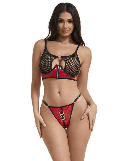 SUBBLIME - 955540 ROTES LACKLEDER-NETZ-ZIPPER-BH-SET L/XL