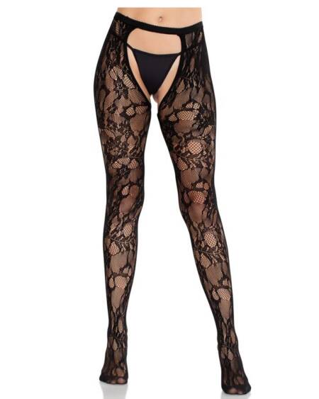 LEG AVENUE - ROSEN-SPITZENSTRÜMPFE MIT OFFENER RÜCKSEITE SCHWARZ