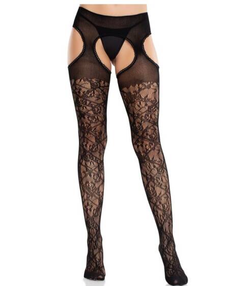 LEG AVENUE - BLUMENSPITZENSTRÜMPFE MIT STRUMPFBÄNDERN UNITED BLACK