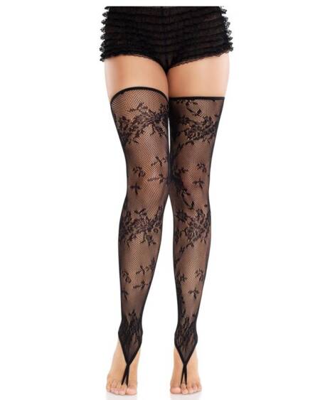 LEG AVENUE - FLORALE SPITZENSTRÜMPFE OHNE FUSS SCHWARZ