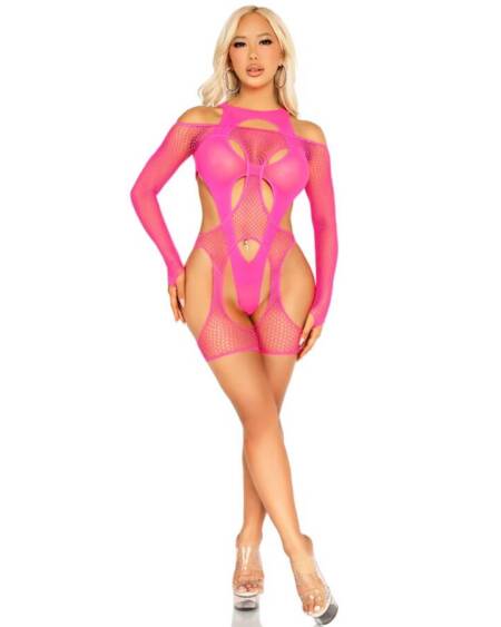 LEG AVENUE - NETZ-BODYSOCKING MIT STRUMPFGÜRTEL UND HARNESS NEON PINK