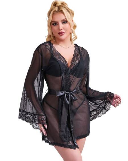 SUBBLIME - TRANSPARENTER STOFFMANTEL MIT SPITZENDETAIL SCHWARZ L/XL