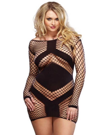 LEG AVENUE - LANGES SEEEVED-MINIKLEID SCHWARZ ÜBERGRÖSSE 1X/2X